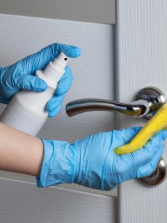 cleaning the door handle on a white door