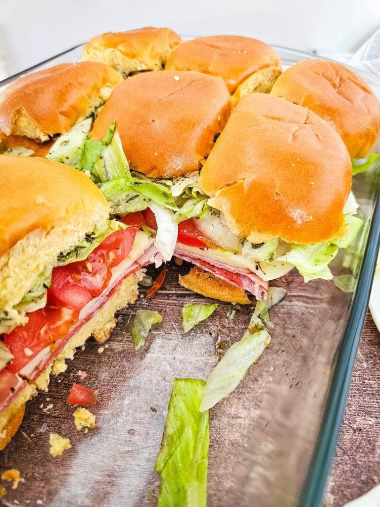 Italian sandwich sliders in baking dish