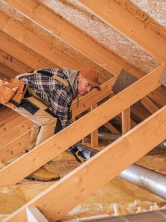 man installing hvac pipes in attic