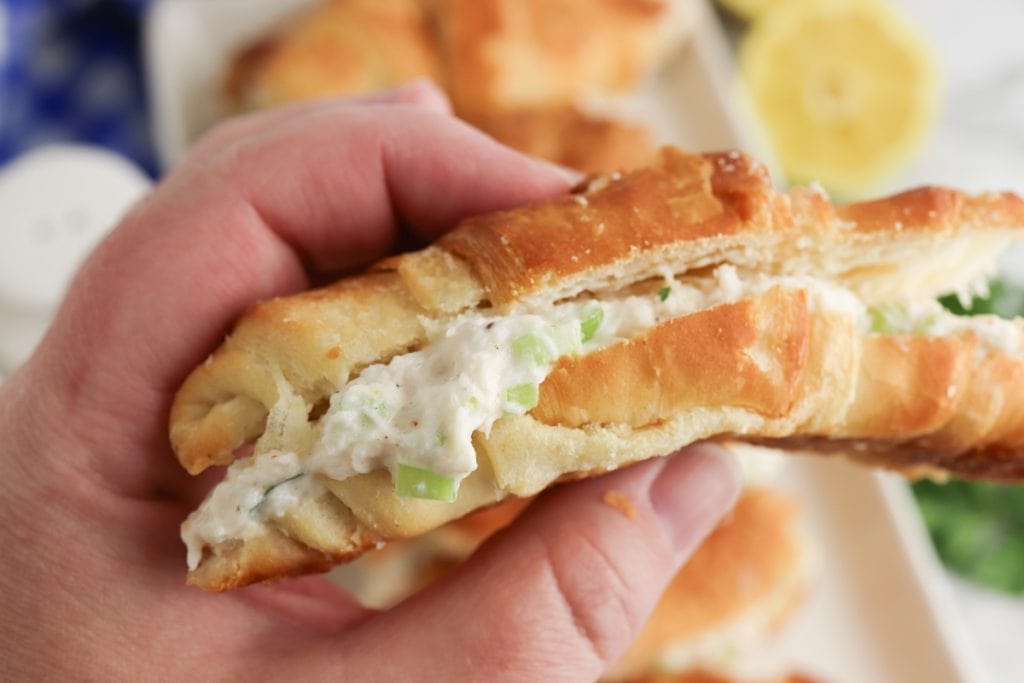 hand holding a crab meat sandwich