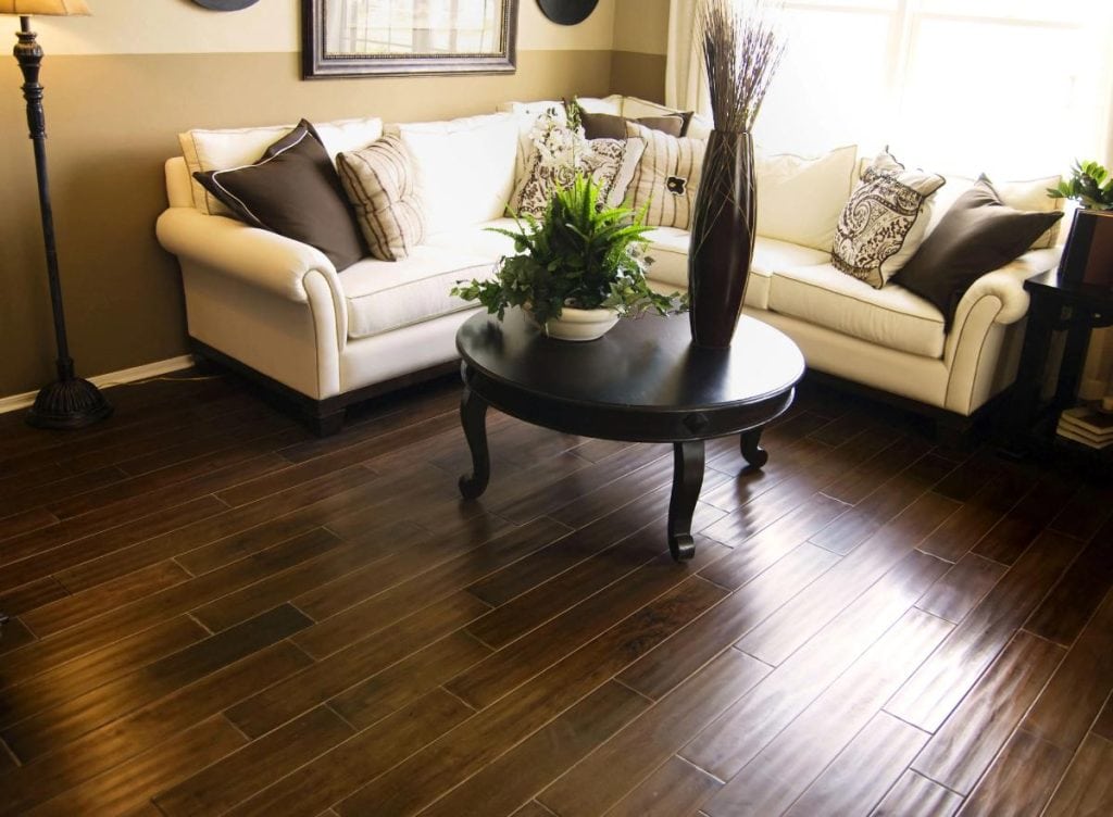 living room with white couch and dark hardwood floors