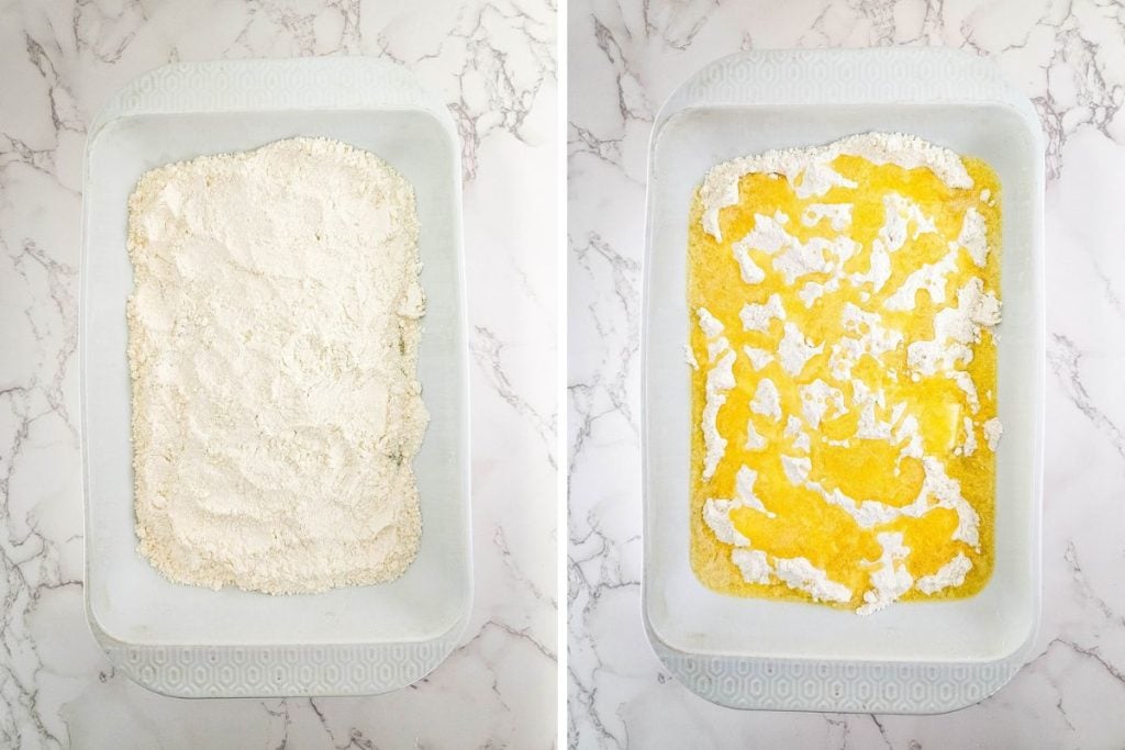 collage image of dry cake mix added on left and butter added on right