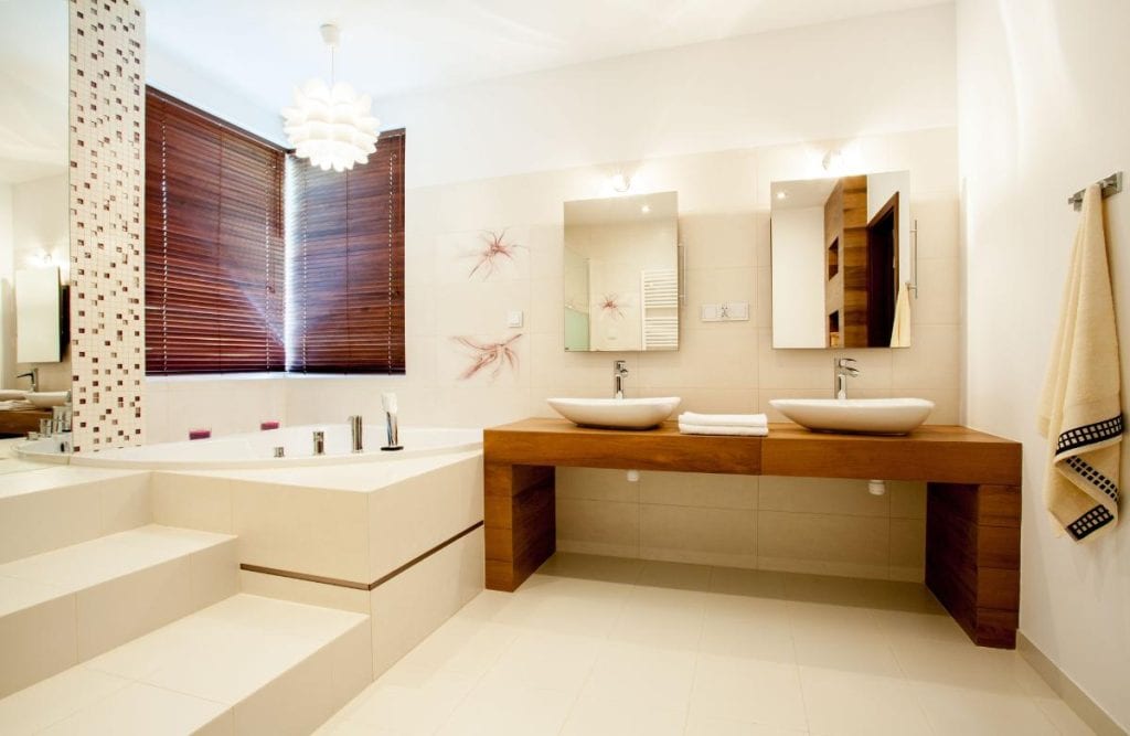 bathroom with wood accents