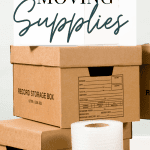 moving boxes and bubble wrap with text overlay about must-have moving supplies