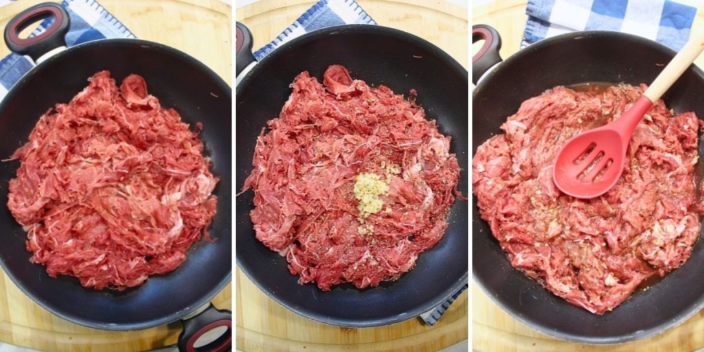 cooking shaved beef for the philly sliders