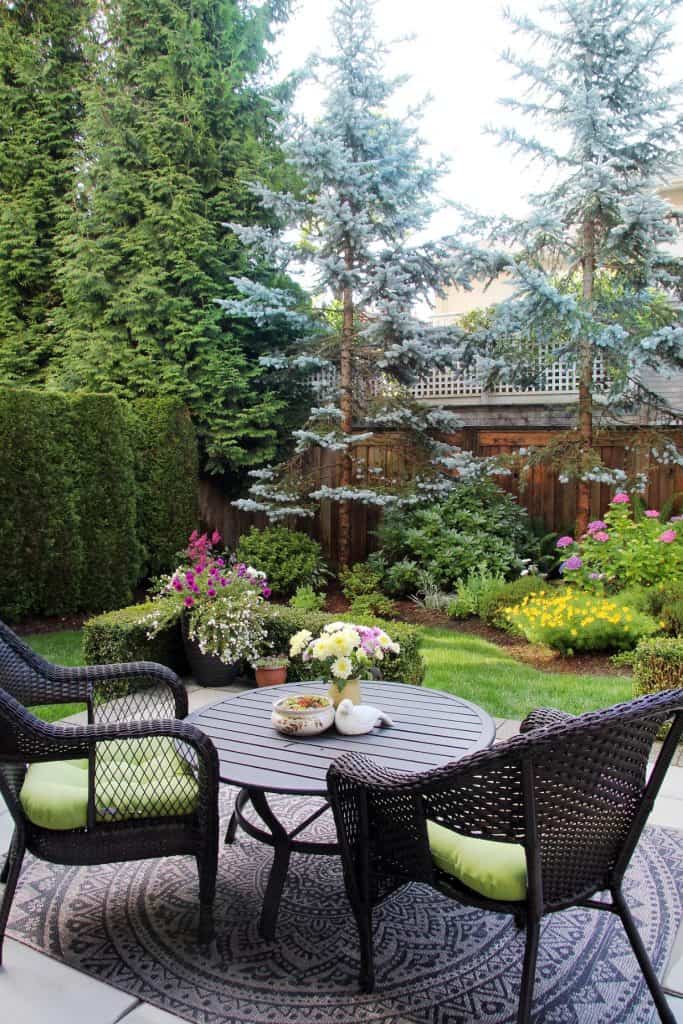 small patio with outdoor rug and landscaped back yard
