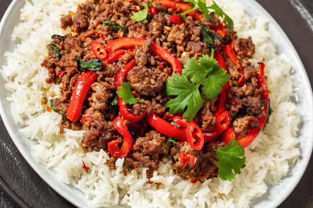 thai ground beef stir fry over white rice