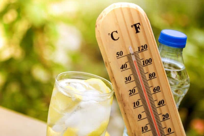 thermometer and icy drink on a hot day