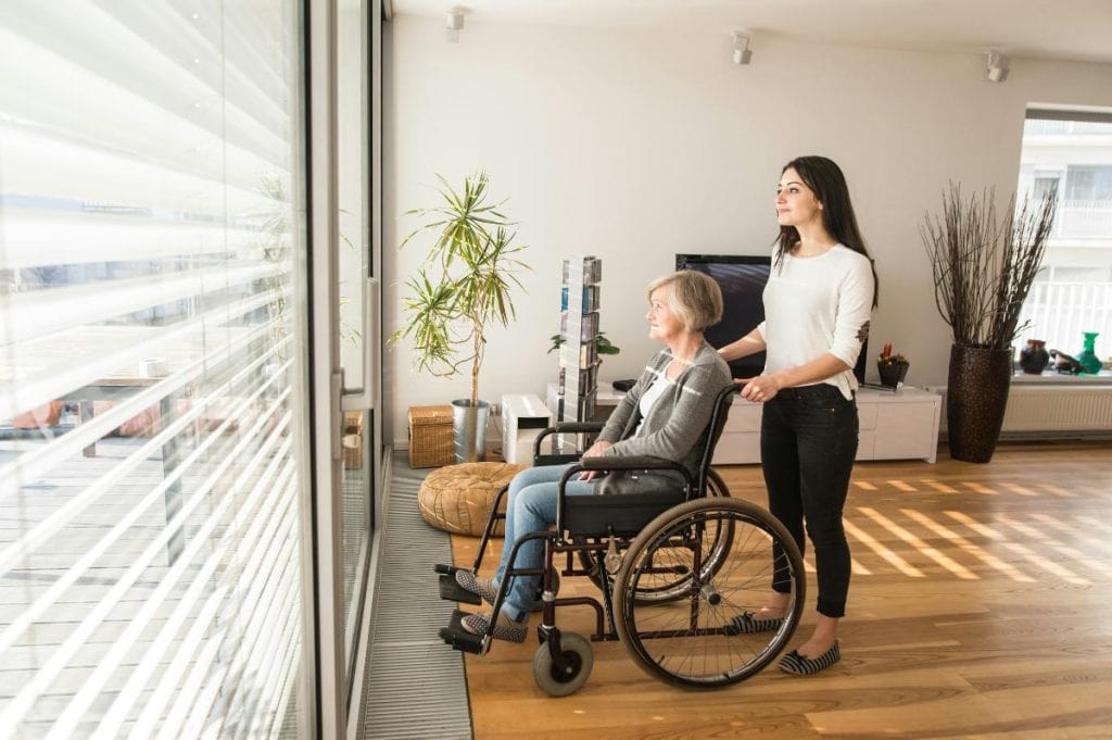 disabled senior woman in wheelchair looking out window with younger woman behind her