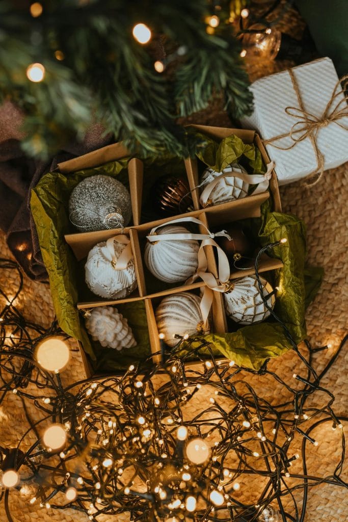 christmas ornaments in a box with dividers