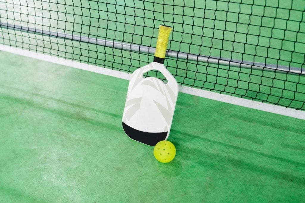 pickleball racket against net