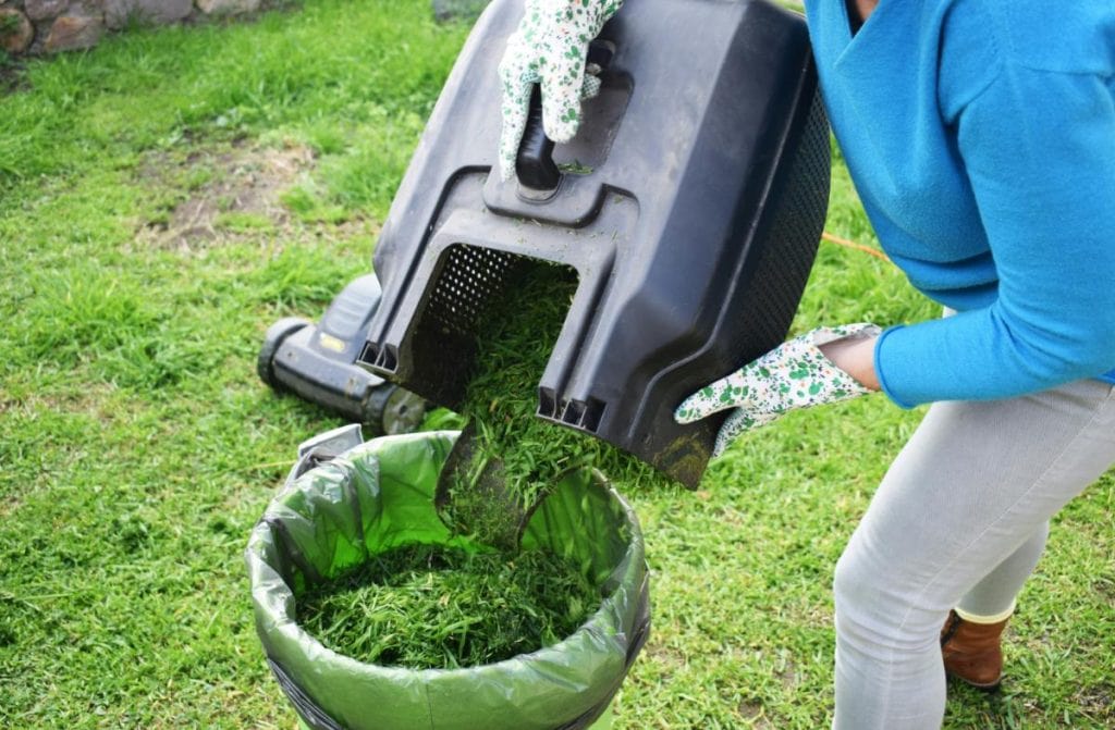 woman emptying grass clippings into trash can