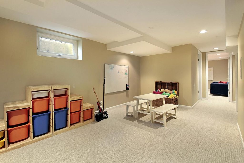 basement with storage containers and table