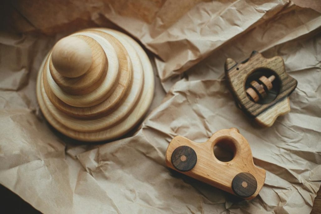 wooden toys on kraft paper