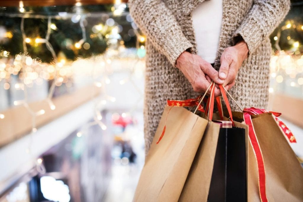 person holding paper gift bags