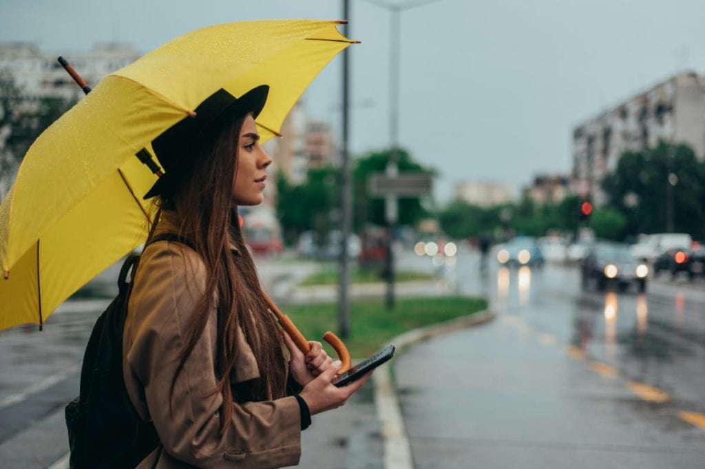 woman with umbrella getting ready to cross street