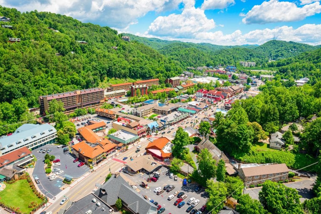 overhead aerial shot of gatlinburg tn