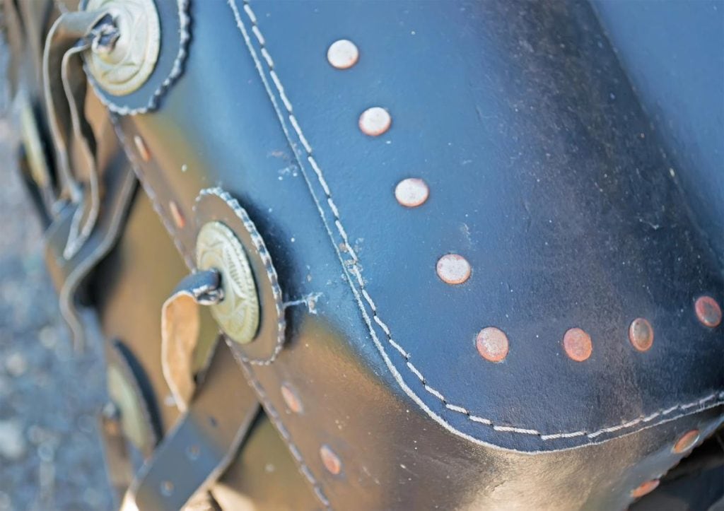 close-up shot of a black saddlebag on a motorcycle