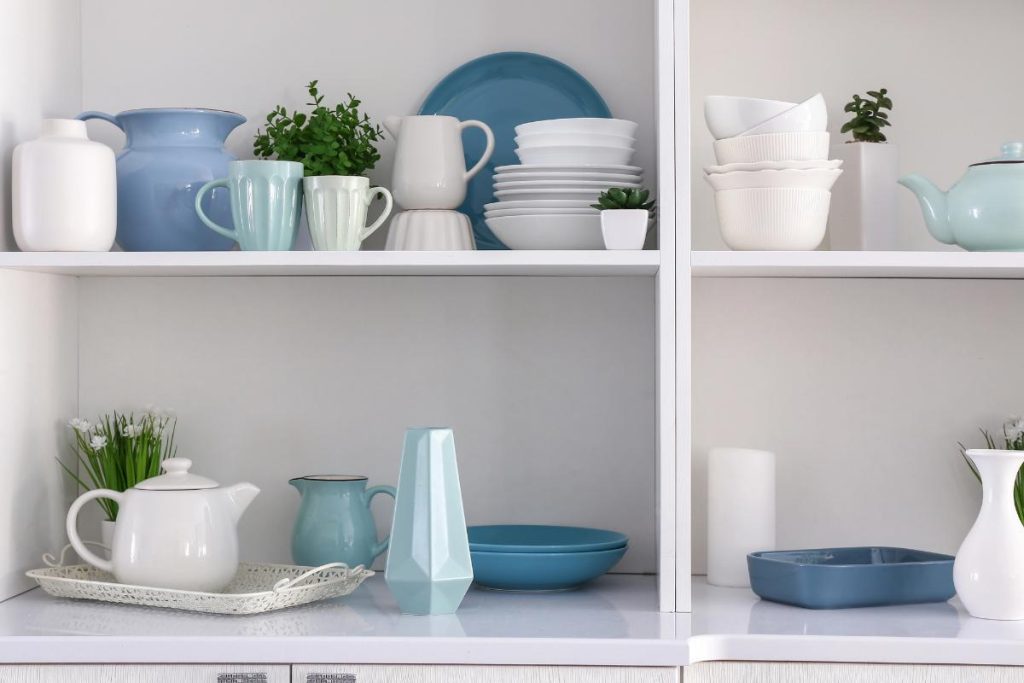 bright open shelving in kitchen