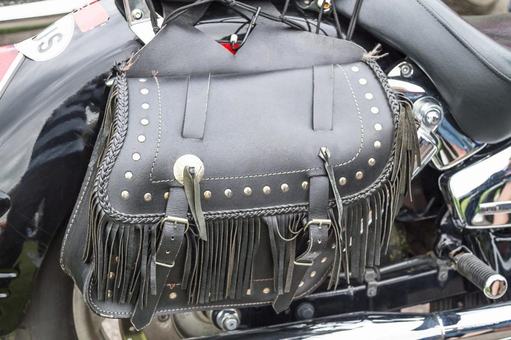 black fringe saddlebag on motorcycle