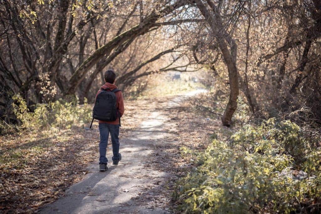 teenage boy hiking in the woods