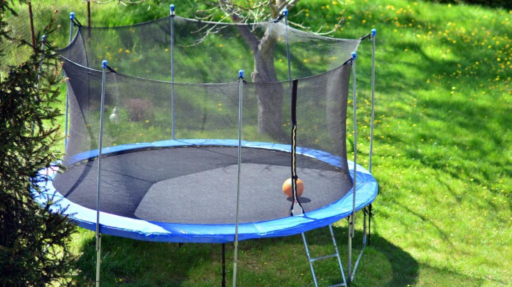 trampoline with a net in a grassy backyard