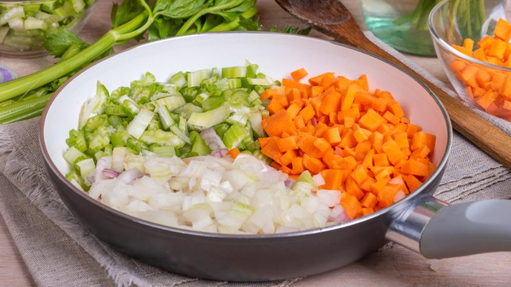 mirepoix in frying pan