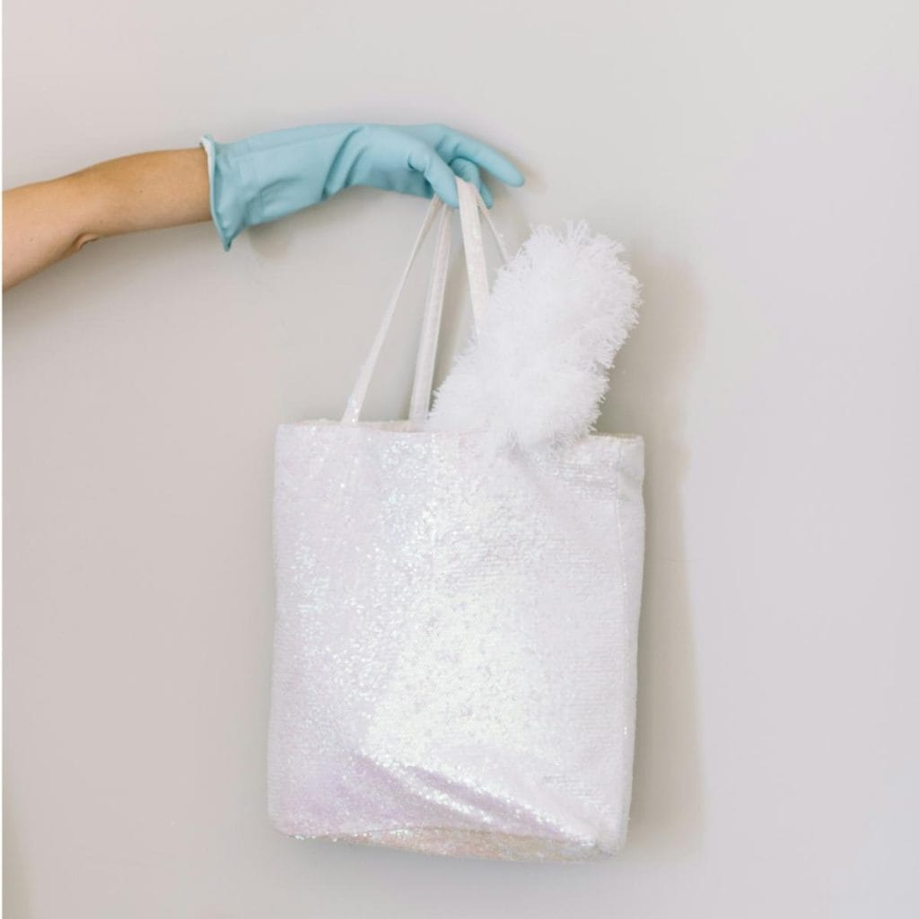 cleaning supplies in a white bag