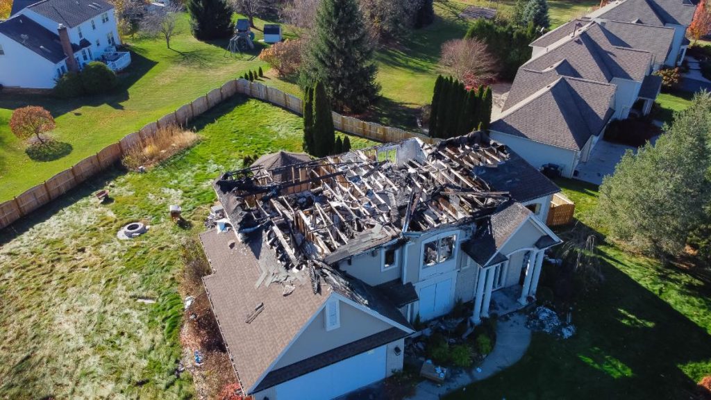 aerial view of fire damaged house