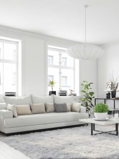 white couch in living room with huge rug