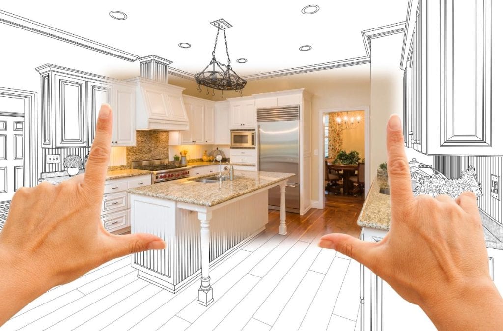 female hands framing a kitchen renovation project