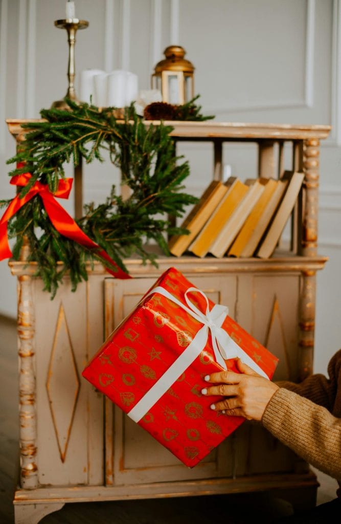 christmas gift wrapped in red paper