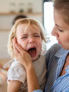 woman consoling a crying toddler