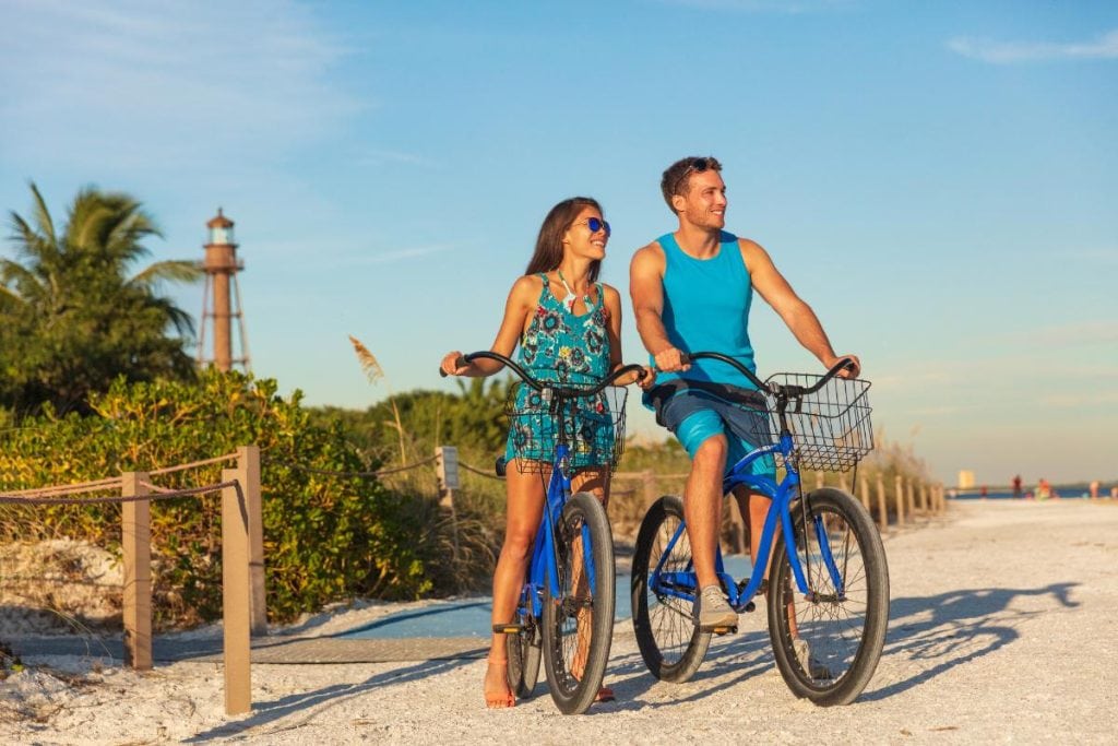 couple on bikes on the beach