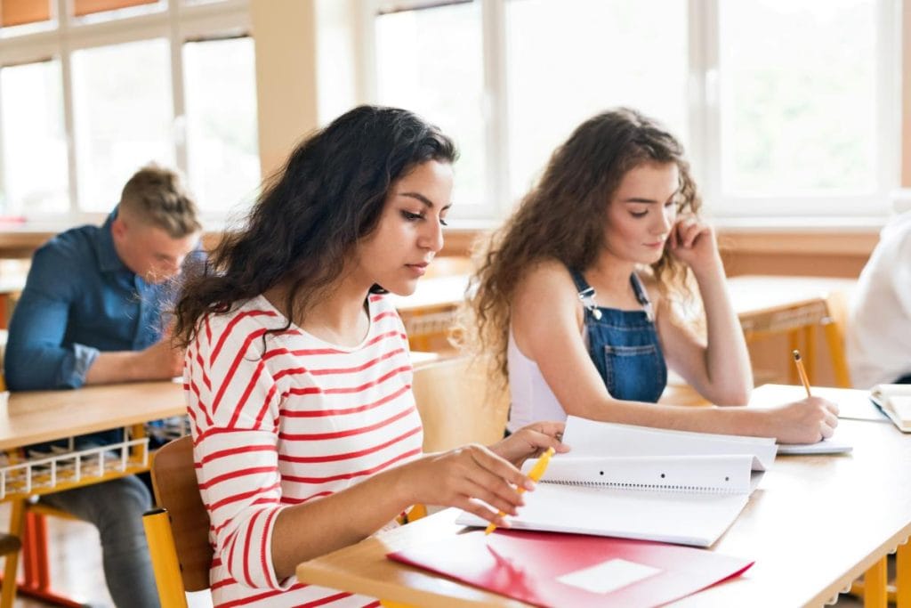 teenage girls in a classroom studying