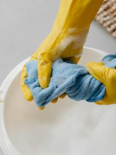 wringing out a soapy cloth with gloved hands