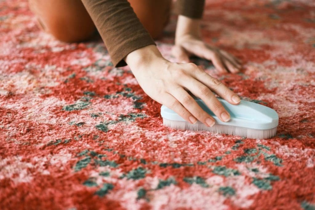 woman scrubbing a red rug with a cleaning brush