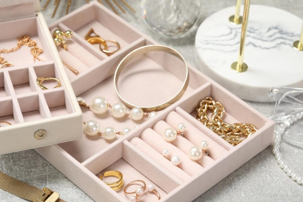 various pieces of jewellery in a jewellery box