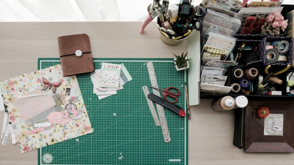 scrapbooking supplies on a desk