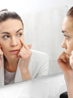 woman looking at puffy eyes in mirror