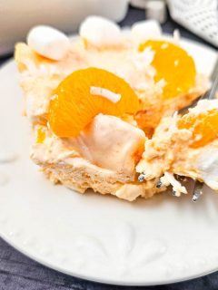 Close-up of a creamy mandarin orange jello salad with mini marshmallows and orange slices on a white plate, showing the fluffy texture and ingredients.