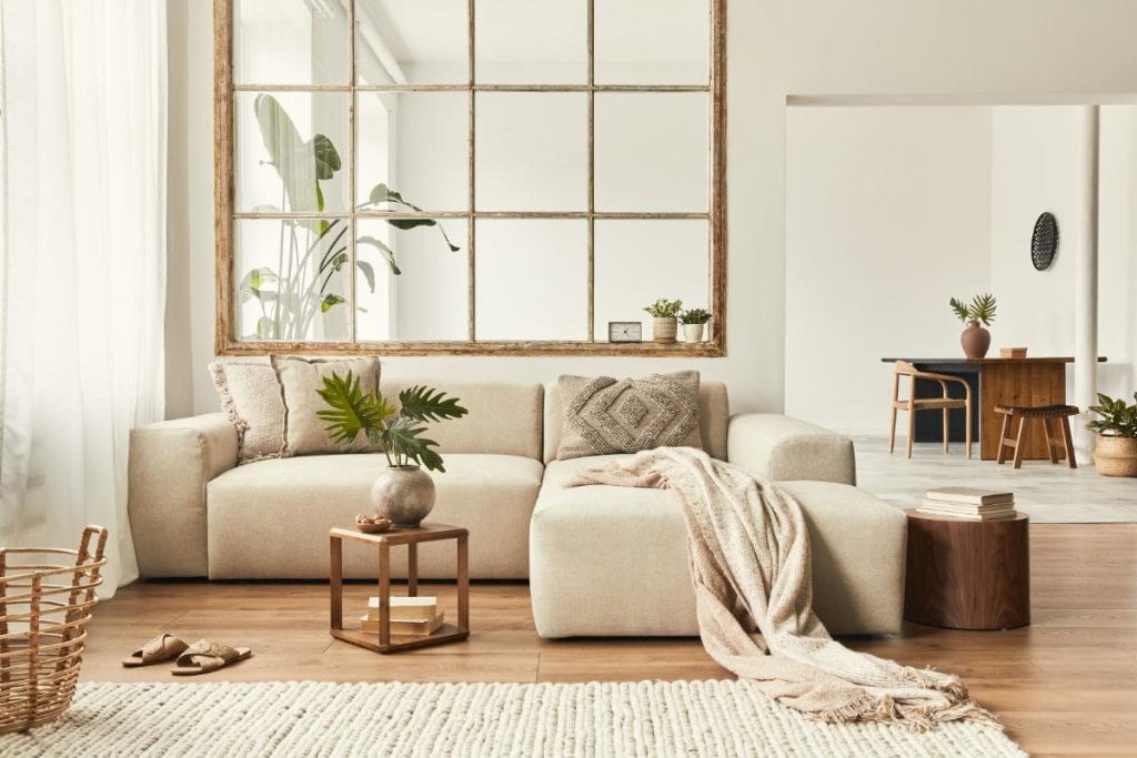 a cream colored modular couch in a living room setting