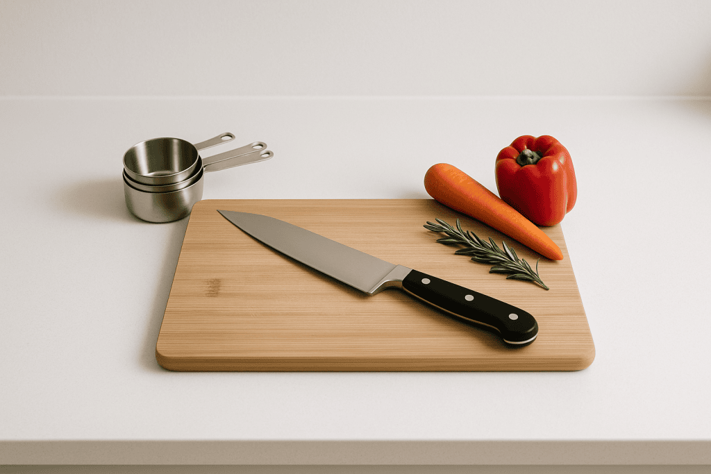 cutting board with knife, veggies, and measuring cups on white background - generated image
