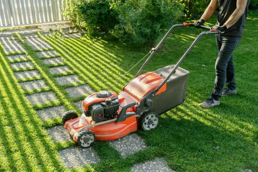 Man mowing a green lawn with a push mower—regular mowing at the right height keeps your yard looking neat and encourages healthy grass growth.