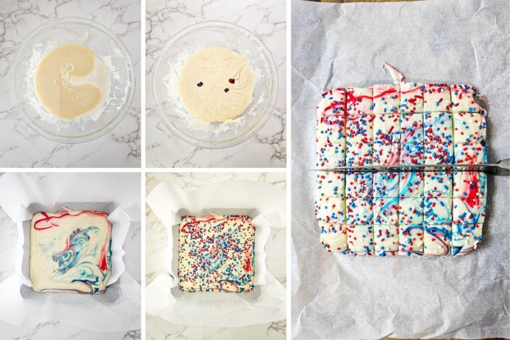 process steps for making patriotic fudge arranged in a collage