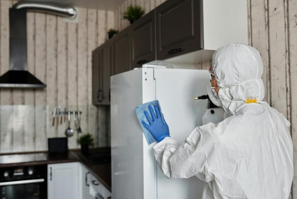 woman in protective suit spraying kitchen to sanitize and prevent pests