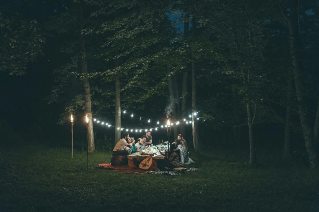 a group of friends enjoying a dinner together at night time outdoors under twinkle lights