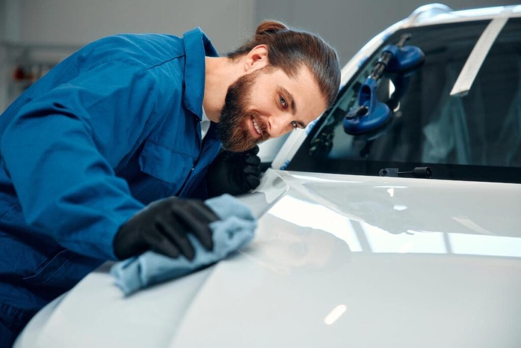 A smiling man in blue overalls carefully polishing a car hood with a microfiber cloth in a workshop.
