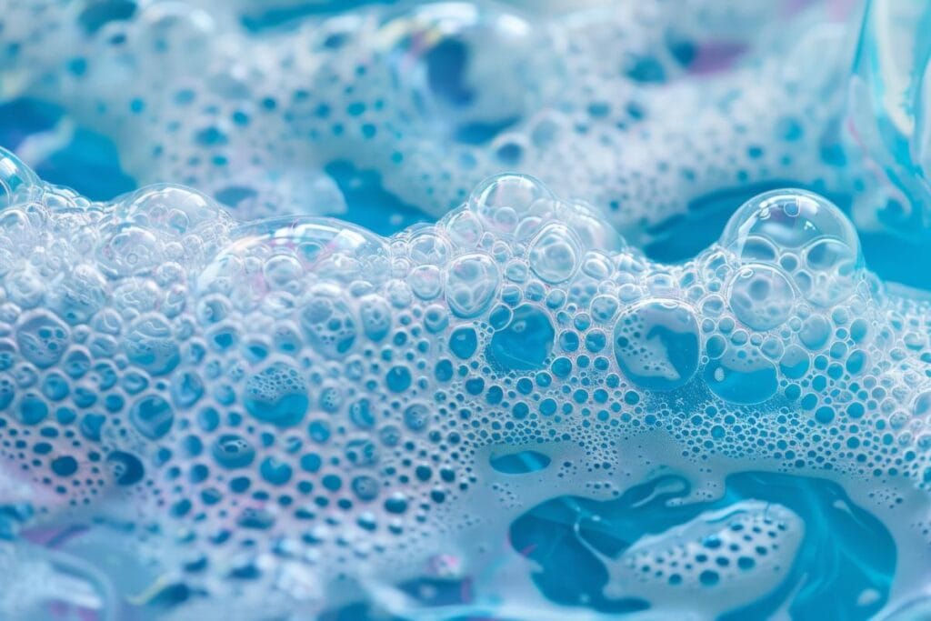 Macro shot of blue soapy bubbles, illustrating the importance of using the right car wash soap.