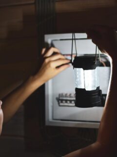 woman looking at fuse box during a power outage